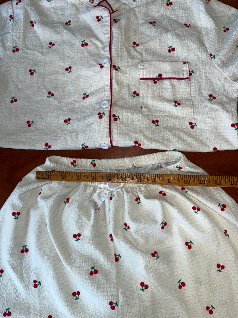 🍒 Cherry Print Pajama Set Red Piping Short Sleeve Button Top Drawstring Pants - Picture 8 of 11